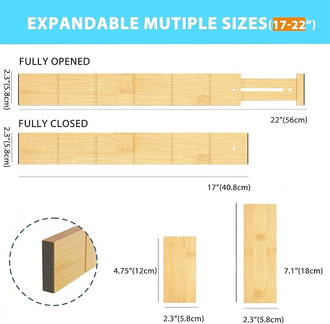 6 Pack Bamboo Drawer Dividers with 12 Inserts, Expandable Adjustable Clothes Drawer Organizers and Storage from 17" to 22" for Kitchen, Bedroom, Dresser, Cosmetics (Natural)