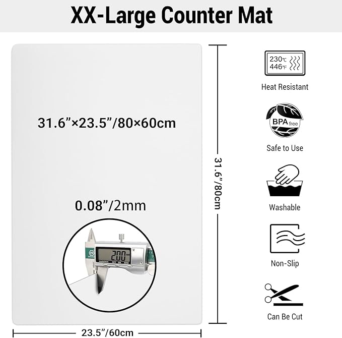 Ewen 31.6x23.5in 2mm Silicone Mats for Kitchen Counter, Extra Large Thick Heat Resistant Bar Mats for Countertop Protector Nonslip Placemat for Air Frye Crafts Work Glass Top Stove Work Translucent