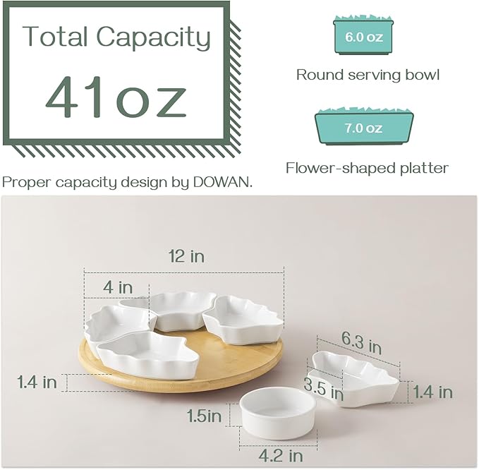 DOWAN 360° Rotatable Serving Tray and Platters, 12 Inch Divided Serving Bowls for Party, Kitchen Decor, Removable Serving Dishes for Chips and Dip, Fruit, Veggies, Candy and Snacks, 7 Pieces, White