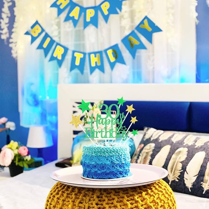 Glittery 30th Happy Birthday Cake Topper with Star,Personalised 30 Birthday Cake Toppers Party Decorations Party Supplies for Boys Girls Green Gold