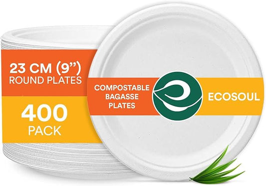 ECO SOUL Pearl White 9 Inch 400 [4x100 Pc] Paper Plates | 100% Compostable Disposable Bagasse I Heavy Duty Eco-Friendly Dinner Plates I Biodegradable Sugarcane Eco | Microwavable