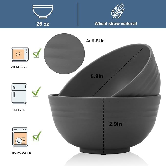 Wheat Straw Bowl Sets for Camping,8 PCS Unbreakable Cereal Bowls 26 OZ,Microwave and Dishwasher Safe Bowls,Kids Bowl suitable for cereal,salad,snack and soup (Deep Grey)