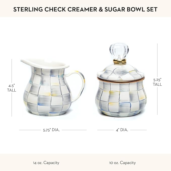 MACKENZIE-CHILDS Enamel Creamer and Sugar-Bowl Set, Cream Dispenser and Sugar Holder, Unique Kitchen Decor, Gray-and-White Sterling Check