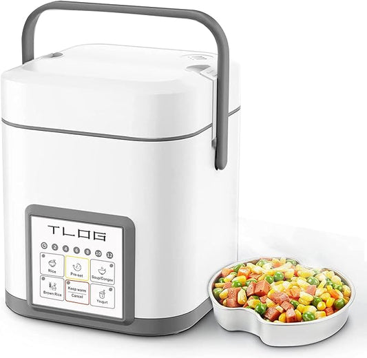 TLOG Mini Rice Cooker 2.5 Cups Uncooked, Healthy Ceramic Coating Portable Cooker, 1.2L Travel Small for 1-3 People, Personal maker, Food Steamer, 12 Hours delay timer, Multi-cooker Grains, Oats