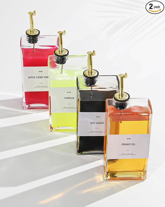 Olive Oil Dispenser For Kitchen, Glass Oil Bottle 350ML Oil And Vinegar Dispenser Set Of 4 with 4 Stainless Steel Pourers & 88 Labels, Soy Sauce Dispenser, Coffee Syrup Bottles