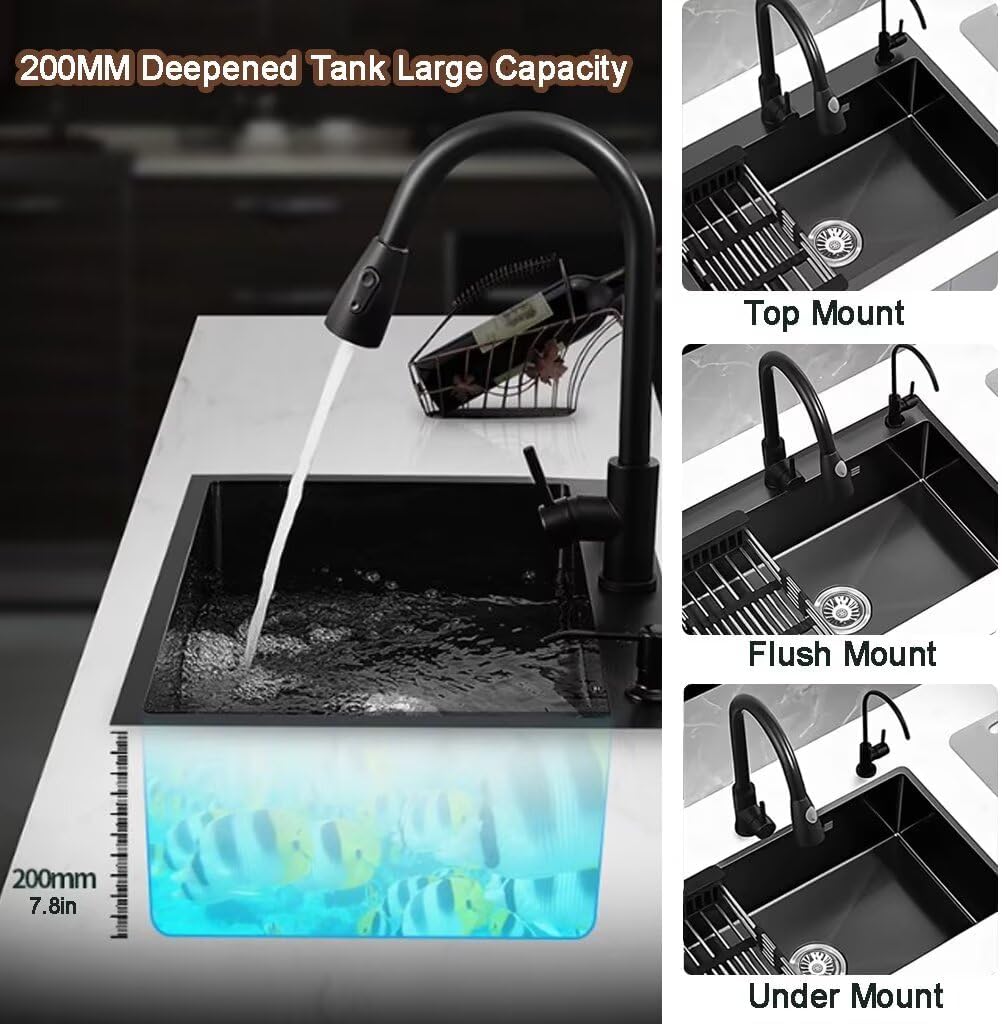 Black Drop in Kitchen Sink, Stainless Steel Single Bowl Sink with 3 Holes, Topmount Workstation Sink, Farmhouse Rectangle Basin with Multiple Accessories (28.3 * 17.7 * 7.9in)