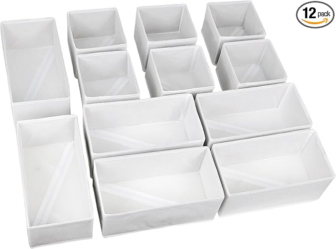 Set of 12 Drawer Organizer, Fabric Closet Organizer and Storage Baskets,Foldable Drawer Divider for Clothing,Sock,Ties,Underwear Drawer Organizers,Set of Cabinet Storage Boxes (White)