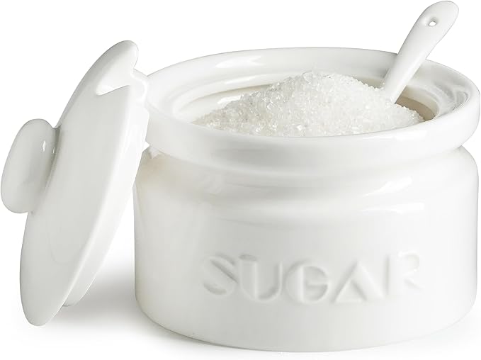 Gomakren Sugar Bowl with Lid and Spoon, Sugar Container Sugar Dish 10oz, Ceramic Sugar Jar for Coffee Bar, Kitchen, Countertop - Modern Farmhouse Kitchen Christmas Decor, White