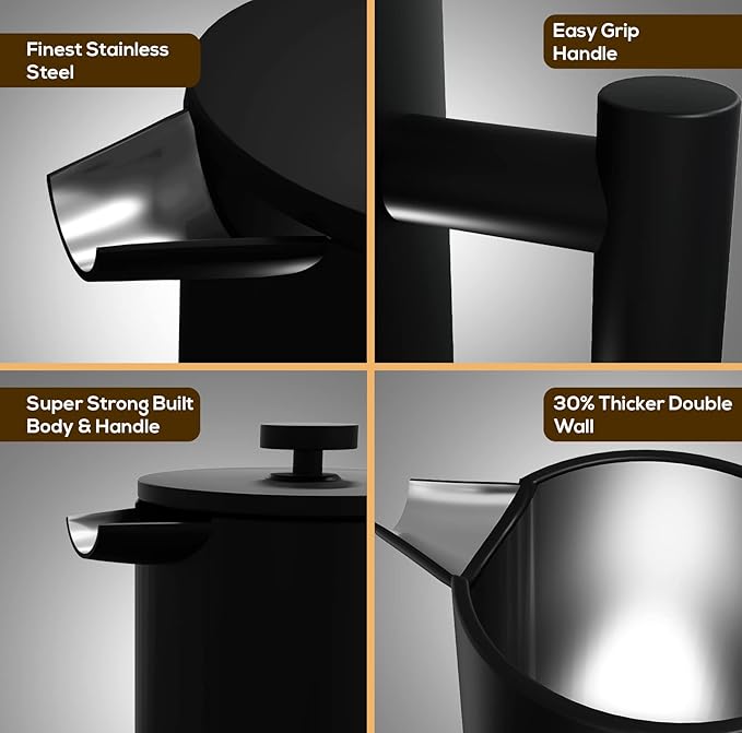 Utopia Kitchen French Press Coffee Maker, Double Wall Insulated Stainless Steel Coffee Press with 4-Level Filtration system, Includes 2 Extra Filters, Rust-Free, Dishwasher Safe (Black, 17 Ounce)