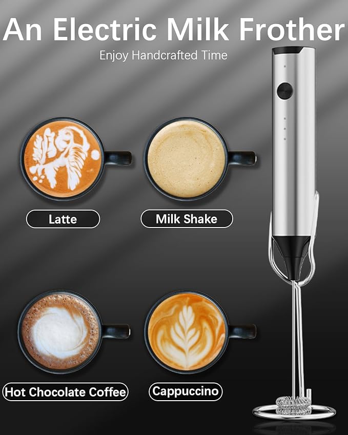 Rechargeable Milk Frother with Stand, Electric Frother Wand Handheld Coffee Foam Maker Detachable Stainless Steel Whisk Drink Mixer Foamer for Latte, Cappuccino, Hot Chocolate, Egg (Silver)