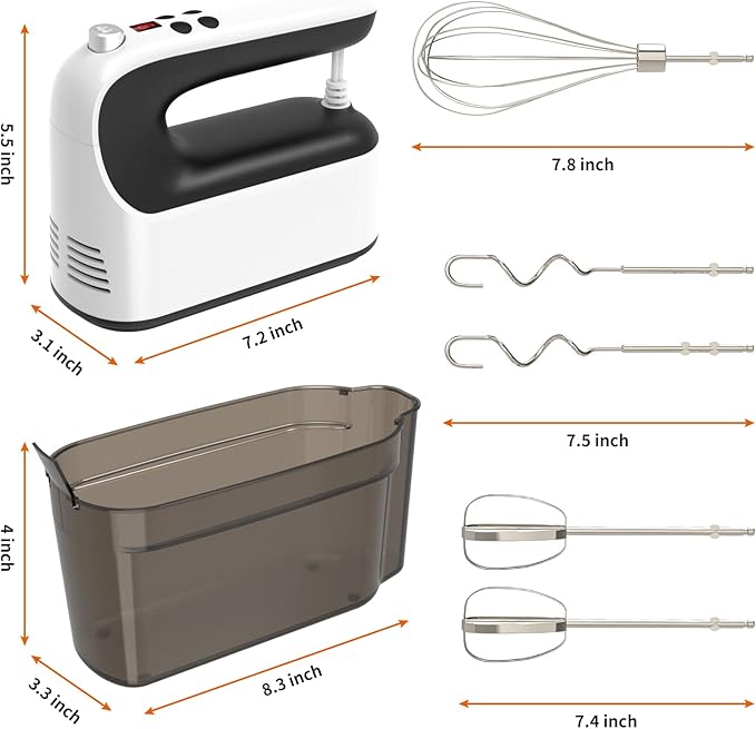 9-Speed Digital Hand Mixer Electric, 400W Powerful DC Motor, Baking Mixer Handheld with Snap-On Storage Case, 5 Stainless Steel Accessories, Flat Beaters, Dough Hooks, Whisk (White & Black)