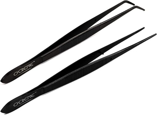 O'Creme Black Stainless Steel Precision Kitchen Culinary Fine-Tip Tweezer Tongs, 1 Curved and 1 Straight