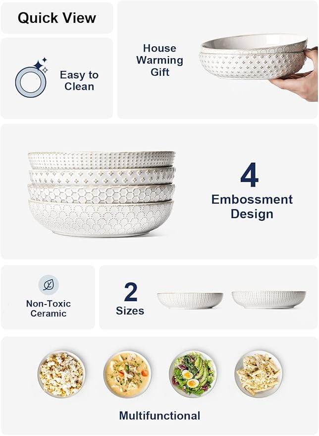 LE TAUCI Pasta Bowl 36 oz, Salad Bowl Serving Plate Bowls, Housewarming Wedding Present, Ceramic Embossment Bowl for Pasta, Fruits, Salad, Noodle, Dinner - 8 Inch, Set of 4, Arctic White