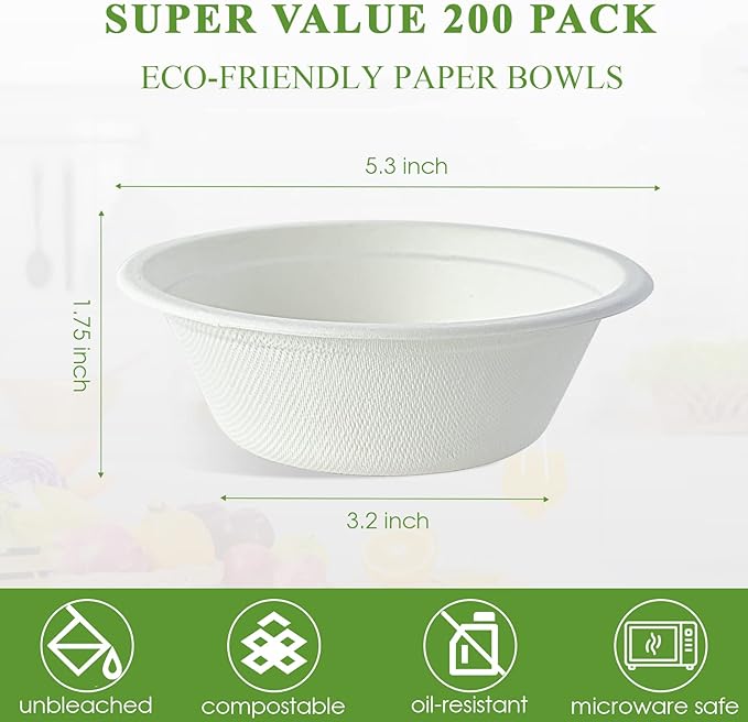 Vplus 200 Pack 12 OZ Paper Bowls, Disposable Compostable Bowls Bulk, Eco-friendly Bagasse Bowls, Heavy-duty Bowls Perfect for Milk Cereals, Snacks, Salads
