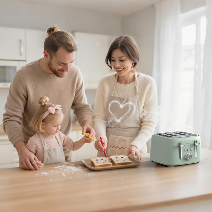4-Slice Toaster 1.5" Extra Wide Slot Stainless Steel with High Lift Lever, 6 Presets & Bagel/Defrost/Cancel Function, Removal Crumb Tray, Under Base Cord Storage, Green