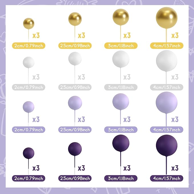 48 Pcs Balls Cake Topper Decorations Balloon Cupcake Toppers Foam Cake Topper Balls Cake Balls Decorations for Birthday Party Wedding Cake Decorating (Purple, Light Purple, White, Gold)