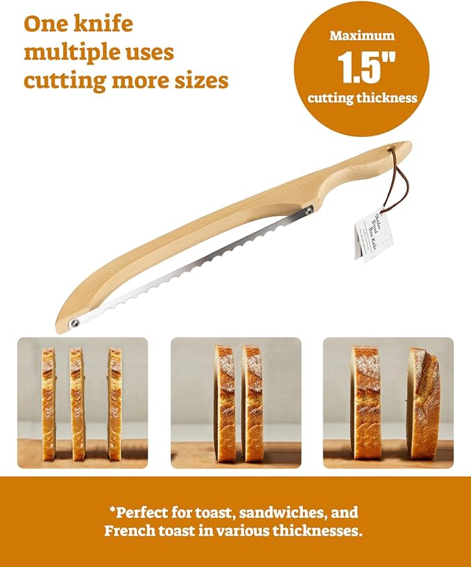 16.5” Bread slicer for Homemade Bread, Serrated Bread Knife for homemade bread with Bow Design, Premium Bread Knife, Bread Slicer, Bread Cutter for Bagels, Baguettes, Natural Wood