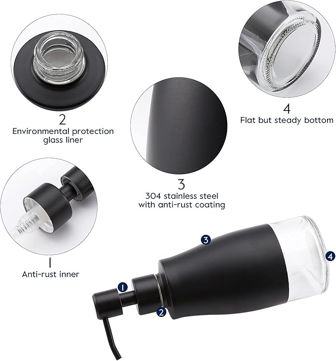 Black Soap Dispenser with Coasterand Stickers, Refillable Liquid Stainless Steel Soap Dispenser for Kitchen Sink, Bathroom Countertop (11OZ / 320ML)