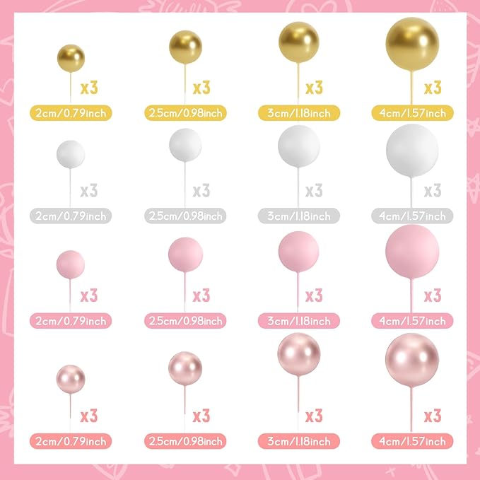 48 Pcs Cake Topper Decorations - Balloon Cupcake Toppers, Foam Balls for Birthday Party Wedding Cake Decorating (Rose Gold, Pink, White, Gold)