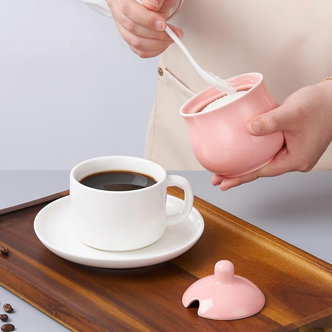 Ceramic Sugar Bowl with Lid and Spoon, Pink Porcelain Sugar Salt Pepper Storage Jar, 8 Ounces
