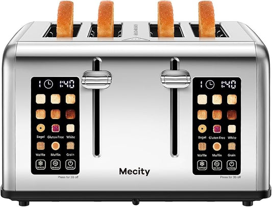 Mecity 4 Slice Toaster with Touch Screen Control, 4 Wide Slots, Stainless Steel Smart Bread Toaster for Bagels, Muffins, Waffles, Dual Control Panel, Timer, Defrost, Reheat, 120V 1650W