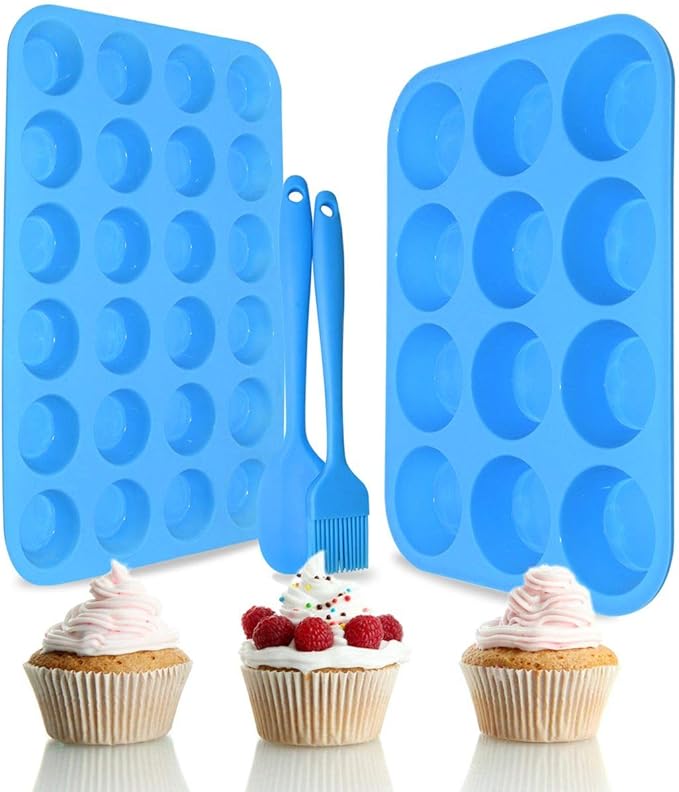 Silicone Muffin Pan Cupcake Set – Non-Stick 12 Cups and Mini 24 Cups,Silicone Baking Molds,BPA Free Muffin Tin with 1 Silicone Spatula & 1 Oil Brush (blue)