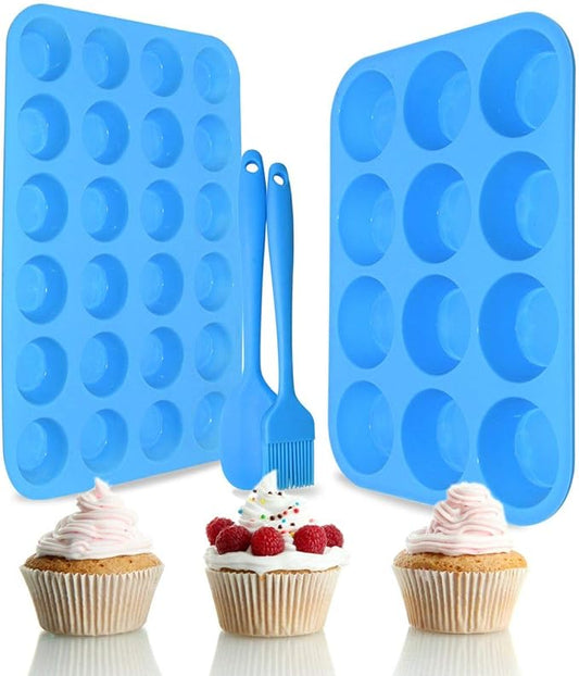 Silicone Muffin Pan Cupcake Set – Non-Stick 12 Cups and Mini 24 Cups,Silicone Baking Molds,BPA Free Muffin Tin with 1 Silicone Spatula & 1 Oil Brush (blue)