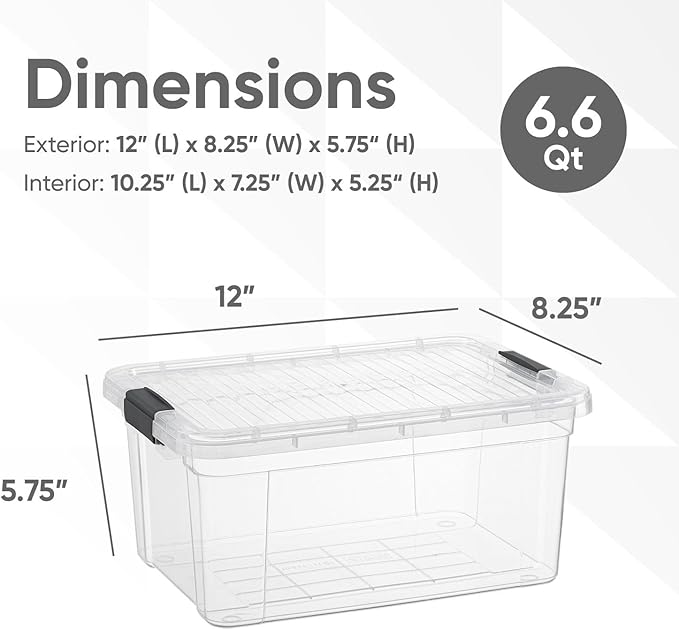 Superio Storage Bins with Lids- 4 Pack, 6.6 Qt Clear Boxes for Organizing, Stackable Plastic Containers- BPA Free, Non-Toxic, Odor Free, Organizer for Home, Office, Dorm