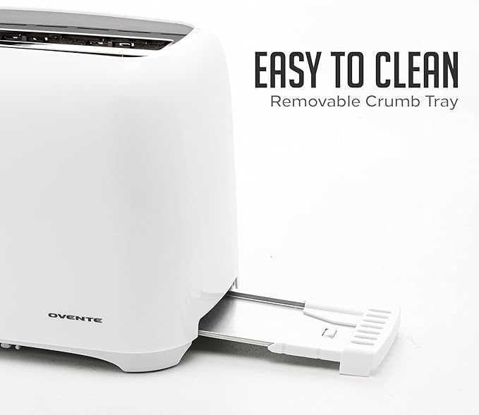 OVENTE Electric 2 Slice Toaster Machine with 6-Shade Browning Selector Setting, Compact Design and Removable Crumb Tray, 700W Power Perfect for Toasting Bread, Thin Bagels and Waffles, White TP2210WGY