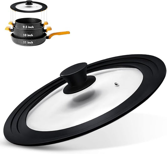 Universal Lid for Pots, Pans and Skillets, Pot Lid With Heat Resistant Silicone Rim and Tempered Glass,Fits 9.5", 10", 11" Diameter Pots and Pans