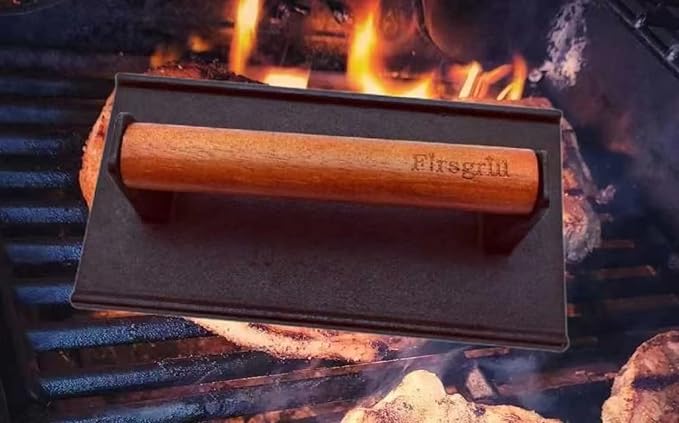8.3"×4.3" Heavy-Duty Cast Iron Grill Burger Press and Meat Steak with Wood Handle for Blackstone Camp Chef Pitboss Weber Griddle Grills (Rectangle)