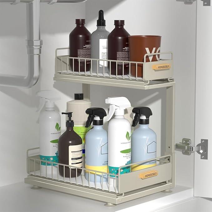 Under Sink Organizer, Pull Out Kitchen Cabinet Organizer 2 Tier Slide Out Under Sink Organizers and Storage, Sink Shelf Cabinet Storage Shelves for Kitchen Bathroom Pantry, Grey