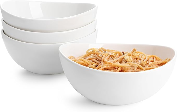 Sweese 8 Inch Porcelain 42 oz Serving Bowls Set of 4, for Salad | Soup | Snacks | Pasta - Microwave, Dishwasher, and Oven Safe - White