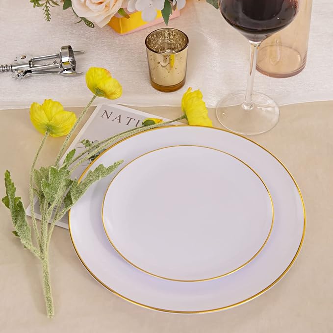 KIRE 60PCS Gold Plastic Plates - Heavy Duty White Disposable Plates with Gold Rim for Party/Wedding- Include 30Pieces 10.25inch Dinner Plate and 30Pcs 7.5inch Dessert Plate