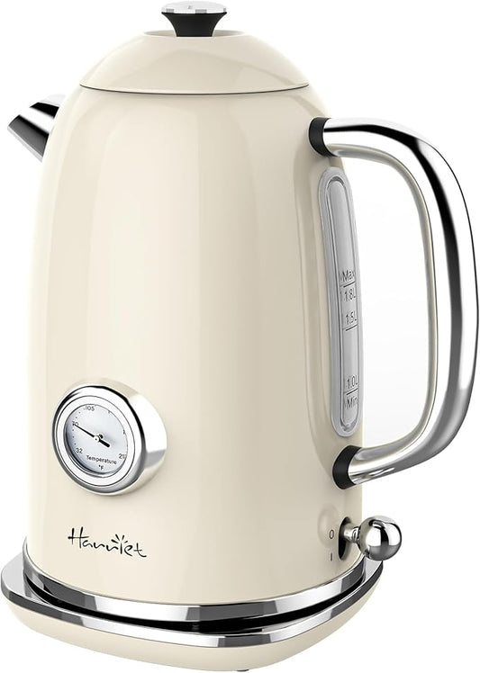 Harriet Electric Kettle, 1.8L Retro Electric Tea Kettle with Thermometer, 1500W Stainless Steel Hot Water Kettle Electric with LED Indicator, Fast Boiling, Cordless, Auto Shut-Off, Beige White