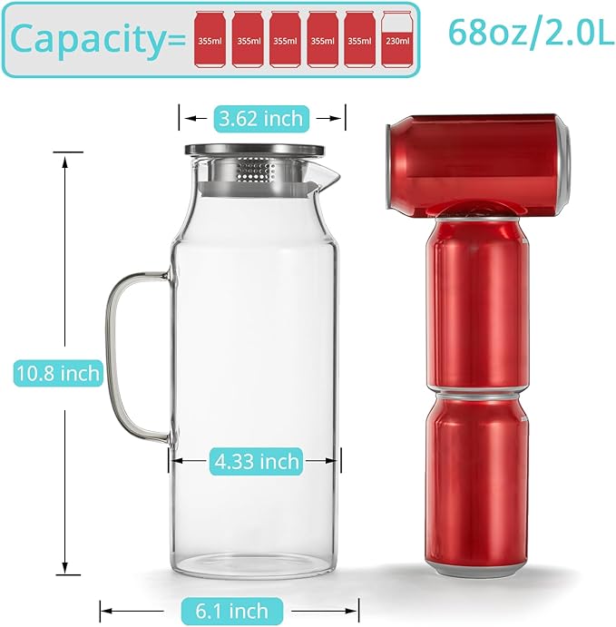 2 Liter 68 oz Glass Pitcher with Lid and Spout, Bivvclaz Glass Carafe for Hot/Cold Water, Large Iced Tea Pitcher for Coffee, Juice and Homemade Beverage