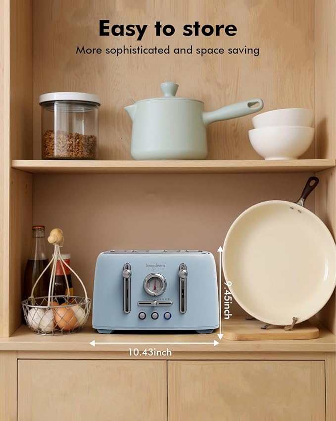 4-Slice Toaster with 1.6" Extra-Wide Slots, 6-Level Browning Control & Bagel/Defrost, Removable Crumb Tray, Auto Shutoff Stainless Steel Toaster Oven, Blue