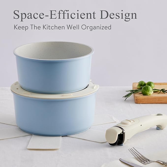 Pots and Pans Set Healthy Non toxic Non Stick Ceramic Cookware Set 21 Pcs Detachable Handles, Oven Safe, Induction Dishwasher, Stackable Frying Pan (PFOS, PFOA Free),Blue