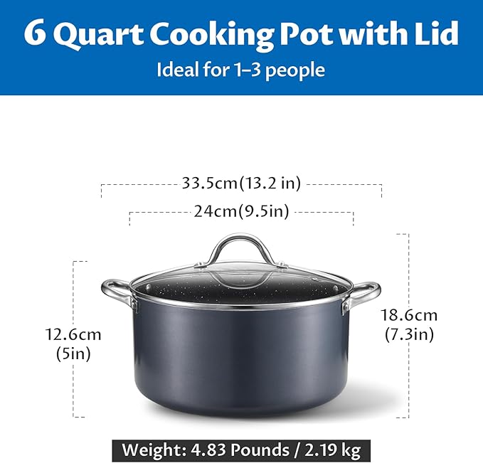 BEZIA 6 Quart Cooking Pot, Non Stick Induction Stock Pots with Lid, All Stove Compatible, 6 QT Aluminum Soup/Stew Pot For Small Households, Grey