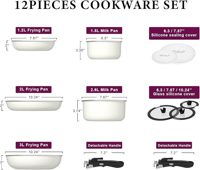 12pcs Pots and Pans Set, Nonstick Cookware Sets Detachable Handle, Induction Kitchen Cookware Set Non Stick with Removable Handle, RV Cookware Set, Oven Safe, White