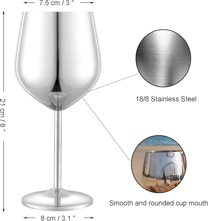 Stainless Steel Wine Glasses Set of 2, 18 oz Unbreakable Silver Wine Glass Unique Metal Wine Goblets for Outdoor Capming and Pool Gift for Wine Lovers