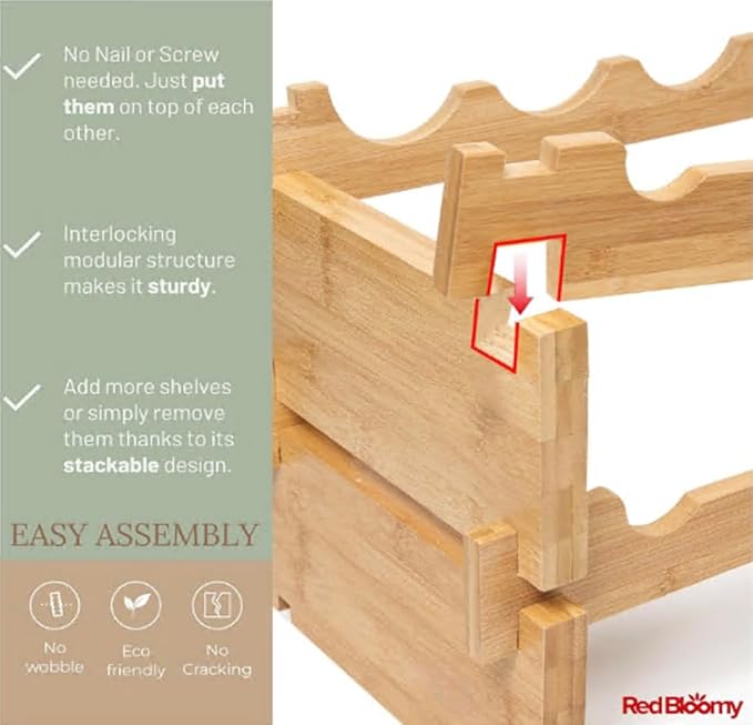 Stackable Bamboo Wine Rack for 72 Bottle, 8-Tier and Sturdy, Free Standing, Modular Wine Storage, Wine Bottle Storage for Cellar, Kitchen and Dining Room (18 Bottle)