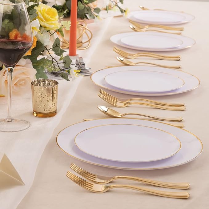 KIRE 60PCS Gold Plastic Plates - Heavy Duty White Disposable Plates with Gold Rim for Party/Wedding- Include 30Pieces 10.25inch Dinner Plate and 30Pcs 7.5inch Dessert Plate