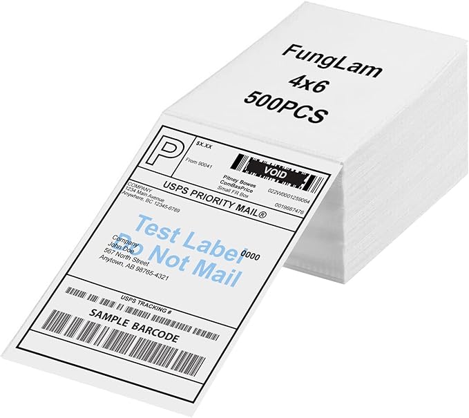 FungLam 4"x6" Thermal Shipping Labels, Fanfold 4"x6" Thermal Labels, Shipping Mailing Address Labels for iDPRT, Munbyn, Polono, Rollo Direct Thermal Printer, 500 Labels