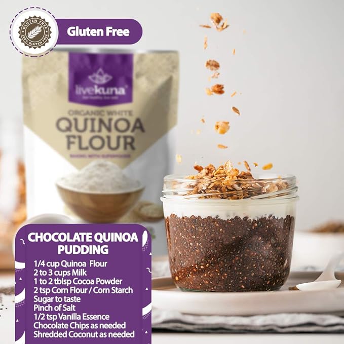 LiveKuna Organic Quinoa Flour - Gluten Free All Purpose Flour & Wheat Flour Alternative For Baking & Cooking Recipes - Vegan Quinoa Flour, Rich In Protein & Fiber for Keto & Paleo Diets, 32oz Bag