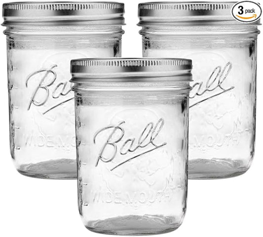 Ball Wide Mouth Glass Mason Jars with Lids and Bands, Used for Canning, Pickling, Juice, Jam, Jelly, Pint Size 16 Ounce (Pack of 3)
