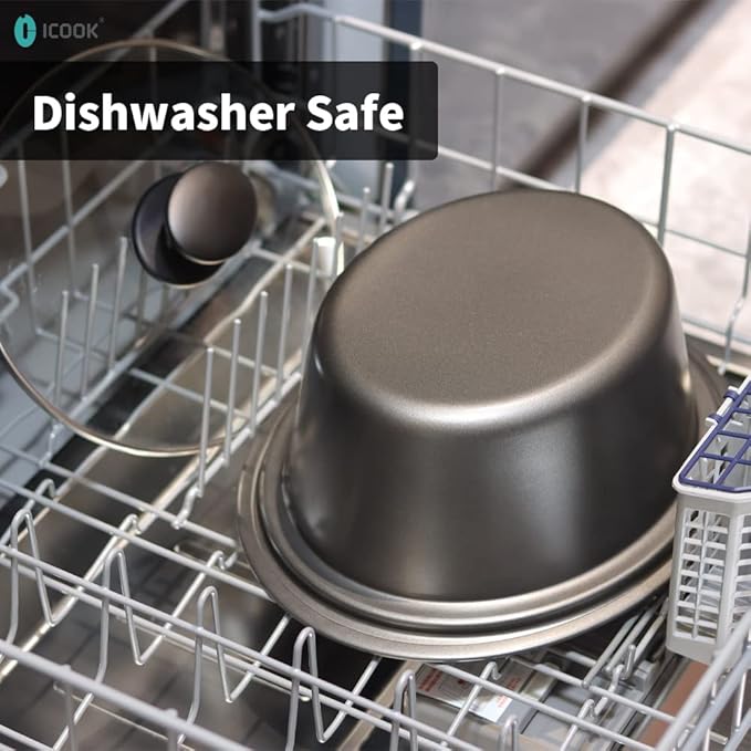 ICOOK USC-65-OP001RD 6.5 Quart Slow Cooker,Aluminium Sear/Sauté Stew Pot Stovetop safe,Dishwasher Safe,Glass Lid,Adjustable Temp,Food Warmer(Red)