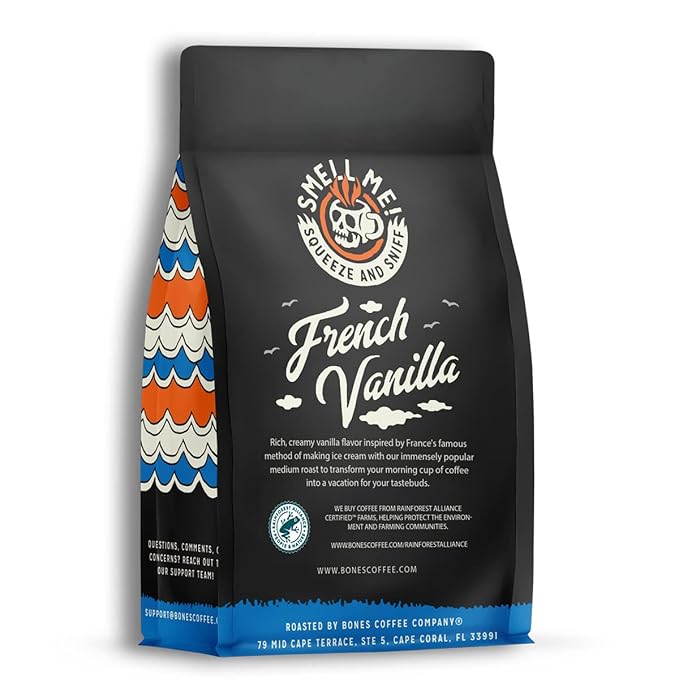 Bones Coffee Company French Vanilla, Creamy Vanilla Flavored Coffee, Medium Roast Low Acid Arabica Beans Compatible with Auto drip and French Press Coffee Maker, 12 Oz Ground
