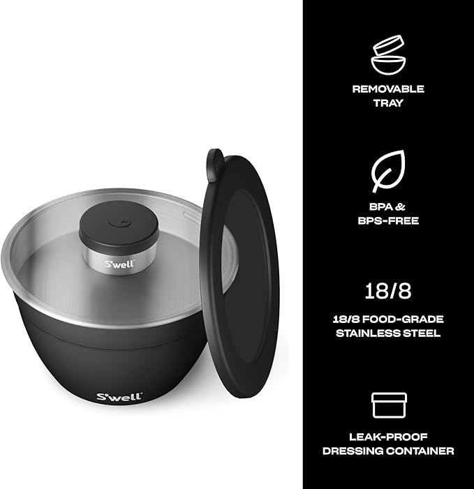 S’well Stainless Steel 64oz Salad Bowl Kit in Onyx, Comes with 2oz Condiment Container and Removable Tray for Organized Serving, Leak-Proof and Dishwasher Safe