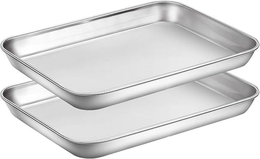 Wildone Baking Sheet Set of 2 - Stainless Steel Cookie Sheet Baking Pan, Size 9 x 7 x 1 inch, Non Toxic & Heavy Duty & Mirror Finish & Rust Free & Easy Clean